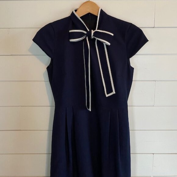 J.Crew 2P White Trim Bow Navy Dress - Office - Mid- Brunch Event Date night - Picture 5 of 11